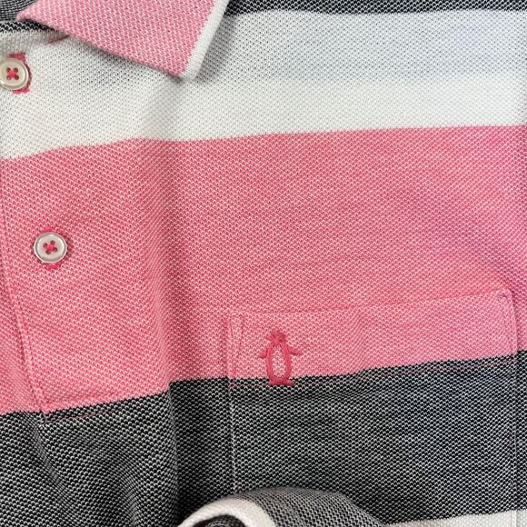 90s L pink polo shirt by Penguin Club, vintage pink & grey striped mens top - Picture 4 of 10